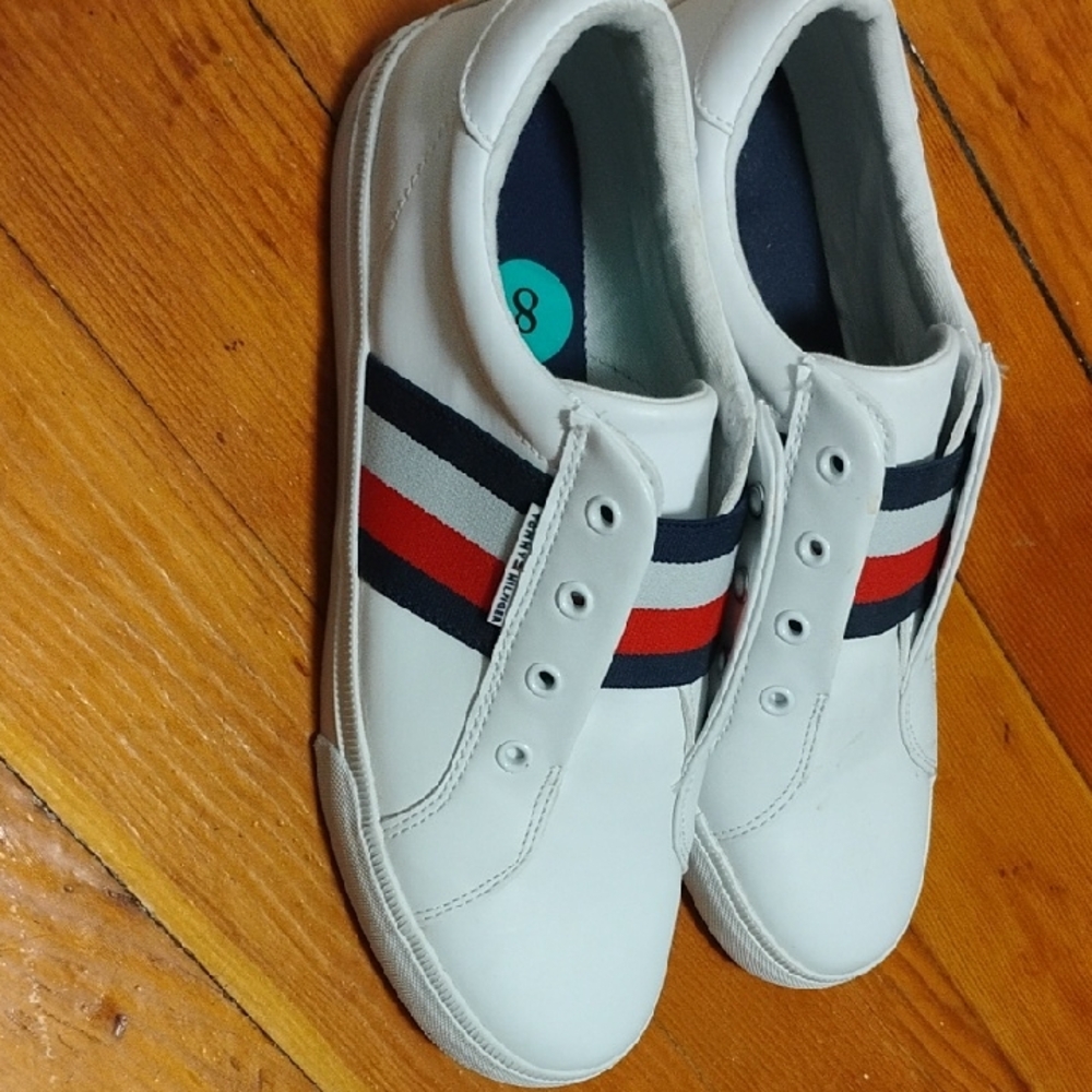 Tommy Hilfiger White Athletic Shoes with Red and Blue Stripes